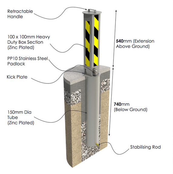 Z5 telescopic parking post dimensions and installation diagram